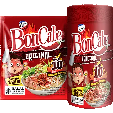 Packshot BonCabe Sambal Tabur Original Level 10 rasa Bawang Goreng dalam kemasan sachet dan botol