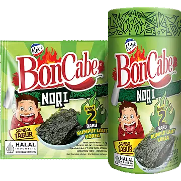 BonCabe Sambal Tabur Nori Level 2 rasa Rumput Laut Korea dalam kemasan sachet dan botol
